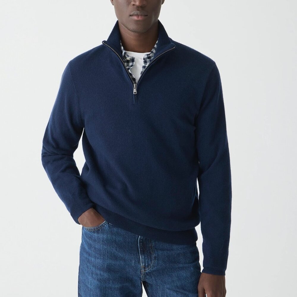 Autumn Cashmere - Men's 1/4-Zip Mock Neck Pullover Sweater in Heather Navy, Lrg